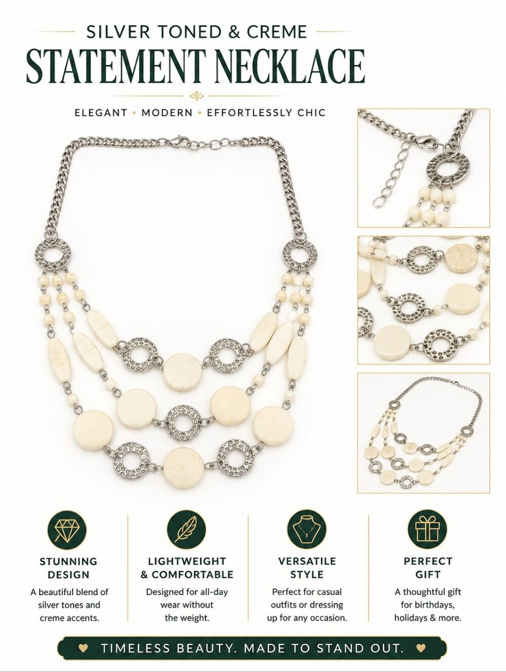 Silver toned and Creme Necklace